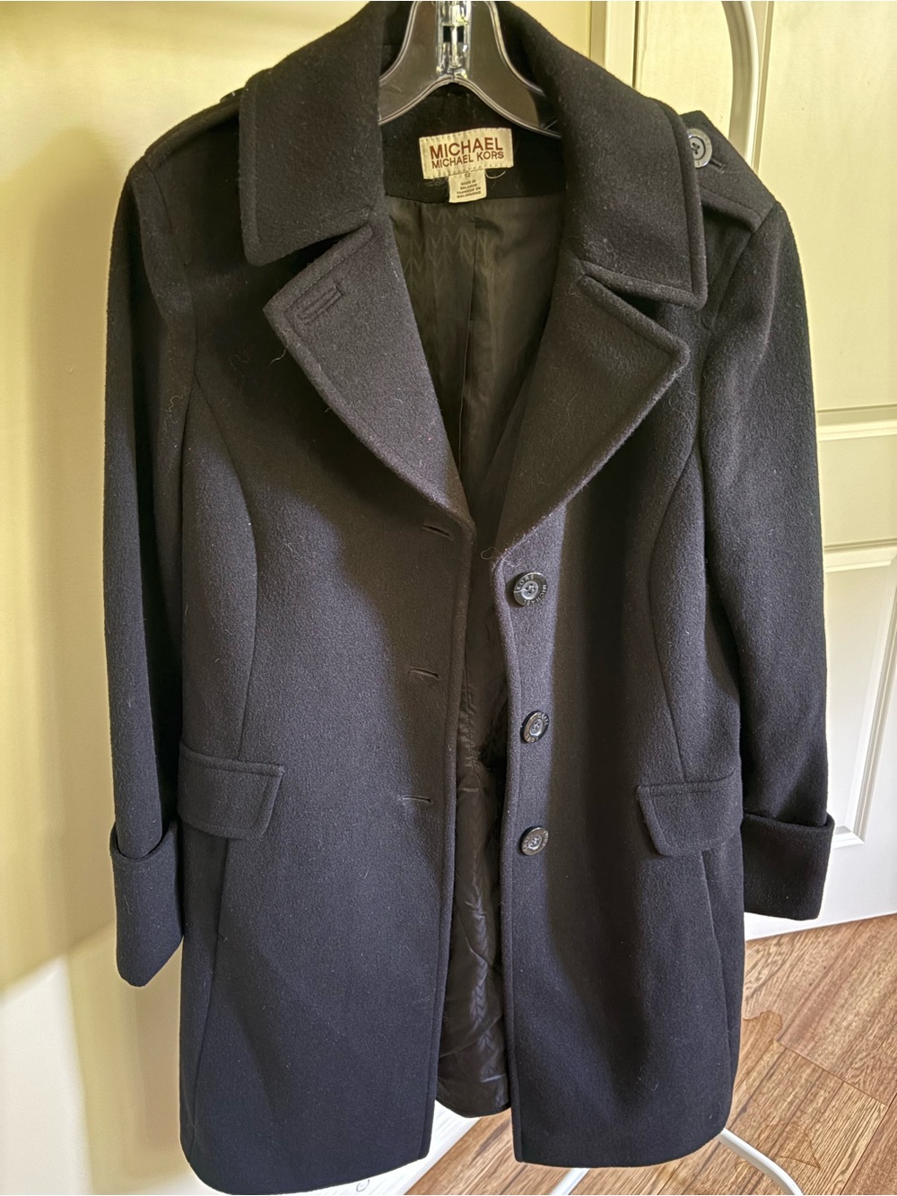 Michael Kors Black Wool Pea Coat with Notch Collar